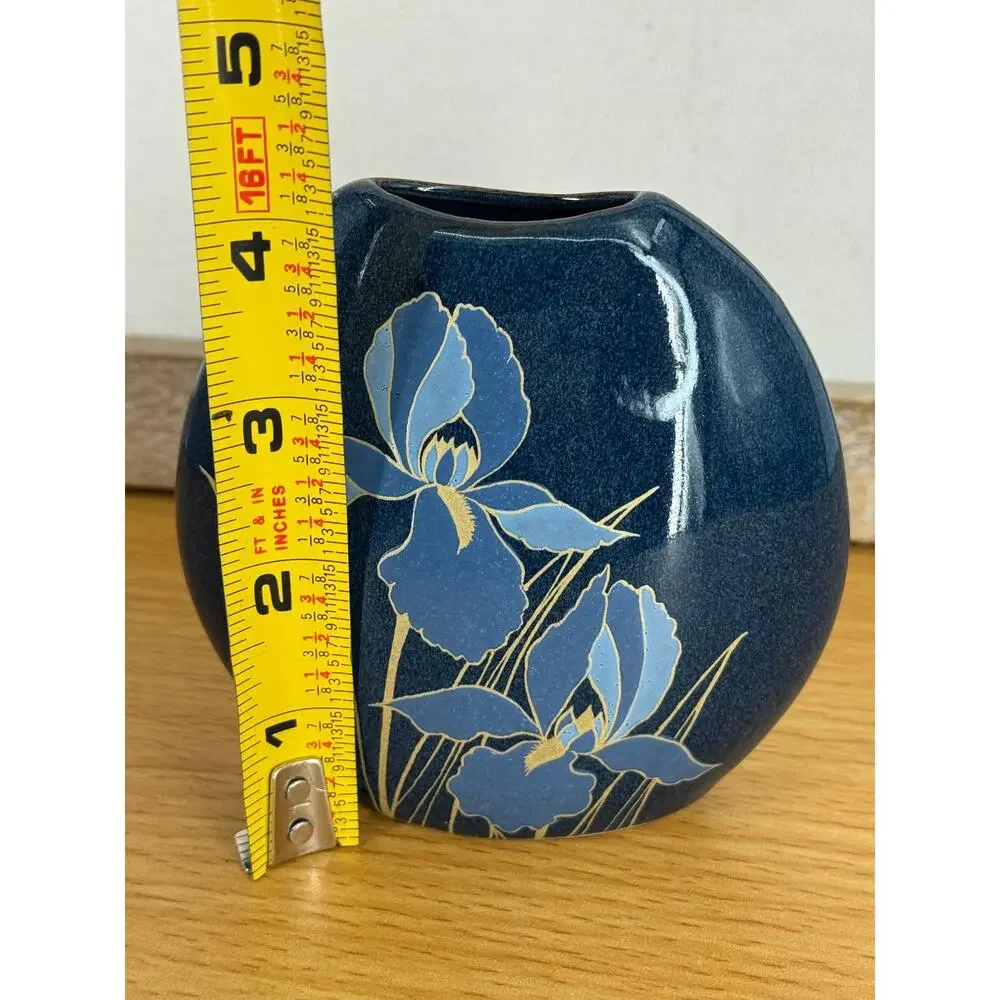 Vintage Otagiri Japan hand crafted blue iris floral ceramic vase small 4